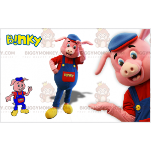 BIGGYMONKEY™ Rosa Schwein-Maskottchen-Kostüm mit blauem Overall