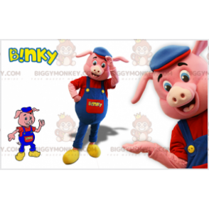 Traje de mascote de porco rosa BIGGYMONKEY™ com macacão azul e