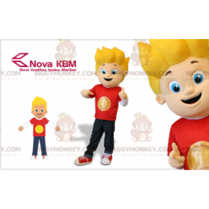 Blue Eyed Blonde Boy BIGGYMONKEY™ Mascot Costume Dressed in Red