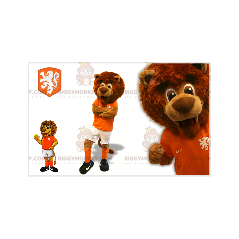 Kostým maskota BIGGYMONKEY™ Hnědý lev ve fotbalovém oblečení –