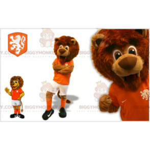 BIGGYMONKEY™ maskottiasu, ruskea leijona jalkapalloilija-asussa