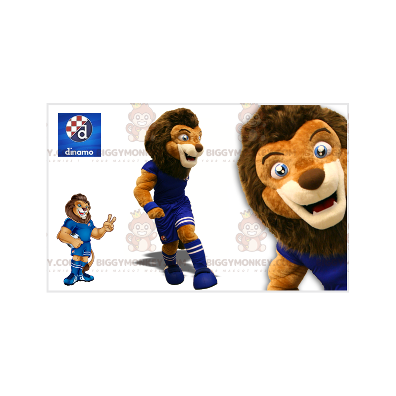 Στολή μασκότ BIGGYMONKEY™ Καφέ λιοντάρι με στολή ποδοσφαιριστή