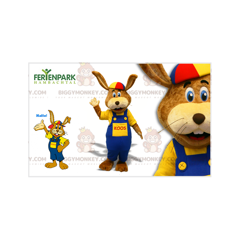 Brown Rabbit BIGGYMONKEY™ Mascot Costume with Overalls and Cap