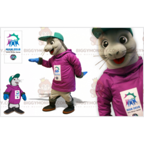 BIGGYMONKEY™ Costume mascotte leone marino grigio con cappuccio