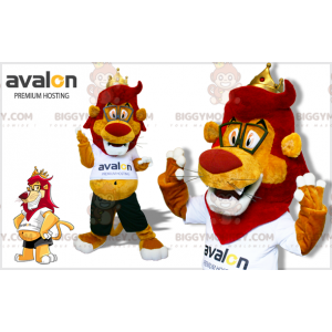 BIGGYMONKEY™ Mascot Costume Red and Yellow Lion with Glasses -