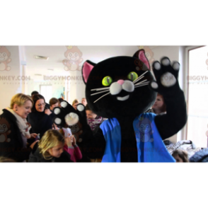 Black and Pink Cat BIGGYMONKEY™ Mascot Costume Dressed in Blue