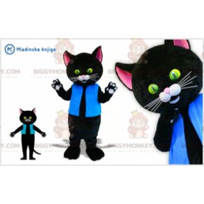 Black and Pink Cat BIGGYMONKEY™ Mascot Costume Dressed in Blue