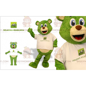 BIGGYMONKEY™ maskotdräkt av grön och beige nallebjörn med blå