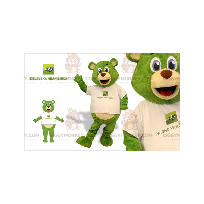 Traje de mascote BIGGYMONKEY™ de ursinho de pelúcia verde e