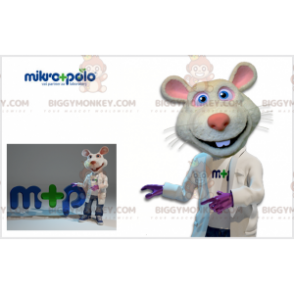 Traje de mascote BIGGYMONKEY™ de rato branco e rosa com bata