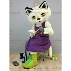BIGGYMONKEY™ Costume da mascotte Gatto bianco con vestito viola