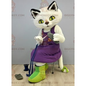 Traje de mascote BIGGYMONKEY™ gato branco com vestido roxo –