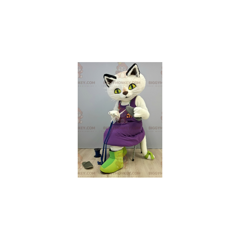 Costume de mascotte BIGGYMONKEY™ de chat blanc avec une robe