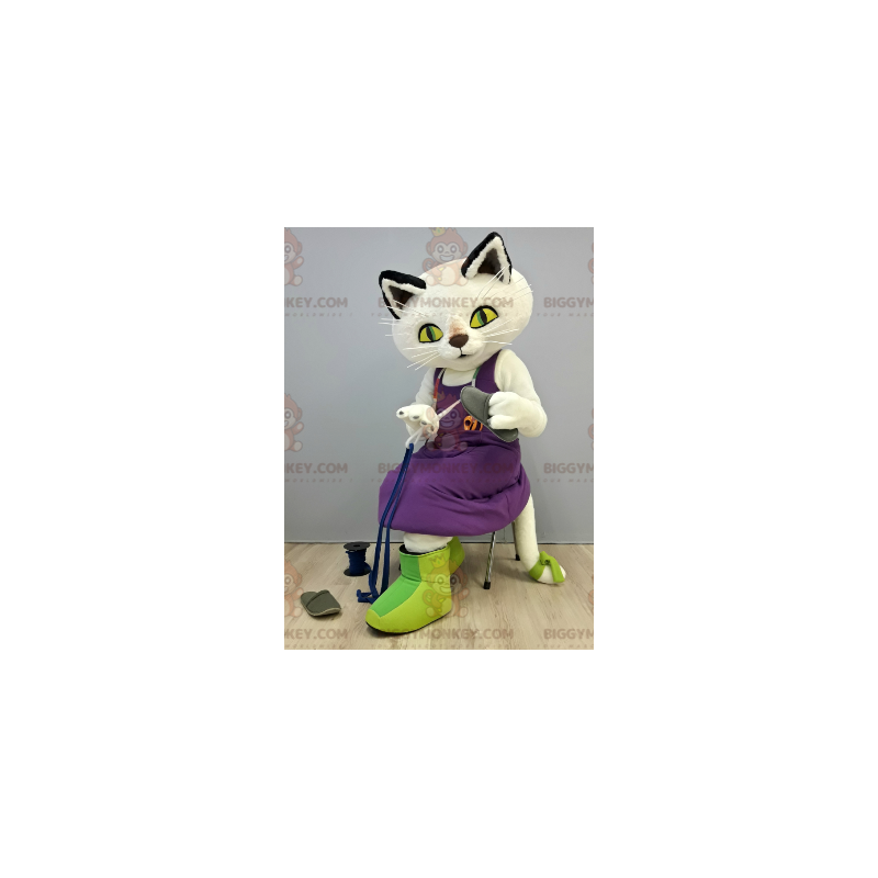 Traje de mascote BIGGYMONKEY™ gato branco com vestido roxo –