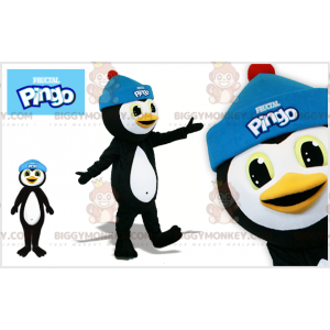 Svart och vit pingvin BIGGYMONKEY™ maskotdräkt med blå mössa -