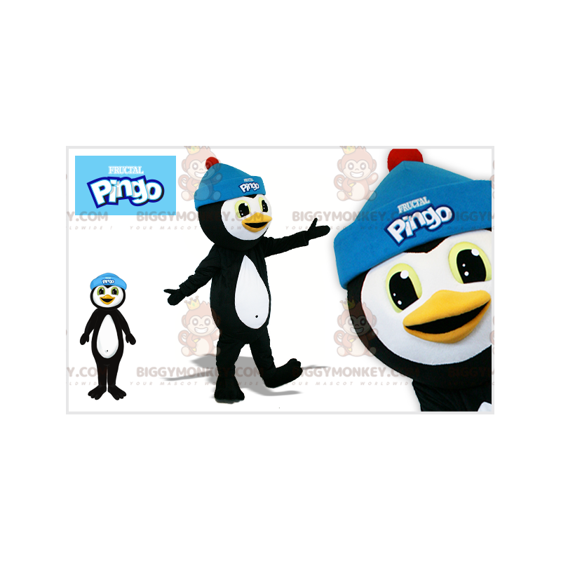 Černobílý kostým tučňáka BIGGYMONKEY™ maskota s modrou čepicí –
