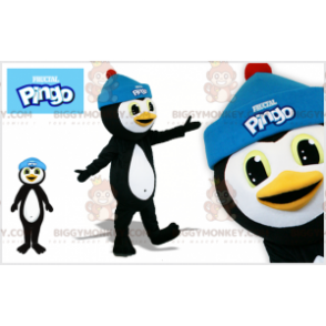 Zwart-witte pinguïn BIGGYMONKEY™-mascottekostuum met blauwe