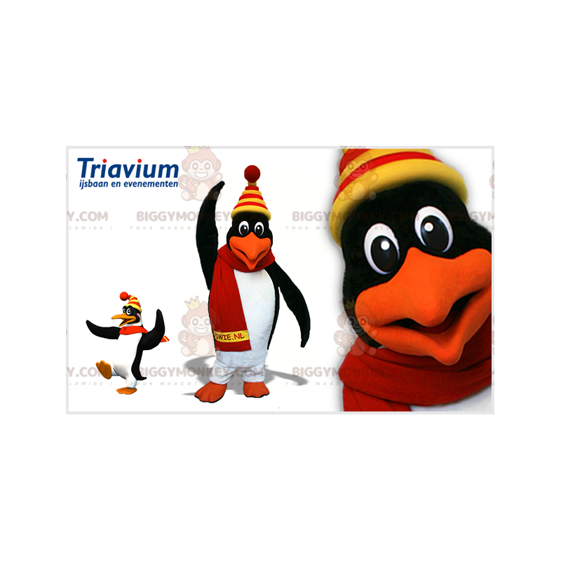 Costume mascotte BIGGYMONKEY™ pinguino arancione bianco nero.