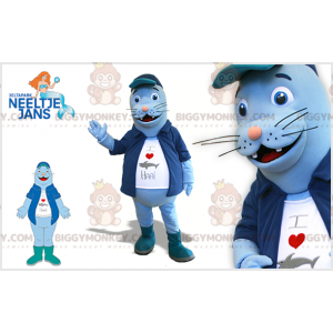 Blauwe zeeleeuw BIGGYMONKEY™ mascottekostuum met jasje en dikke