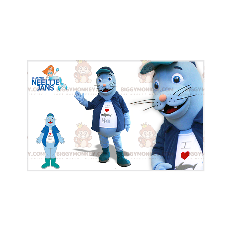 Blue sea lion BIGGYMONKEY™ mascot costume with jacket and big