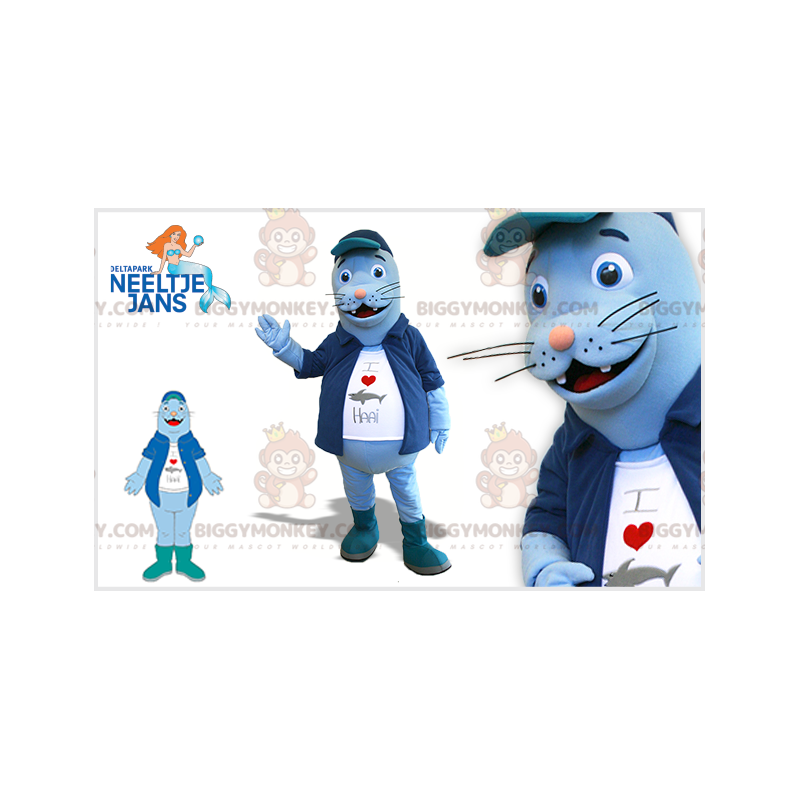 Costume de mascotte BIGGYMONKEY™ d'otarie bleue avec une veste
