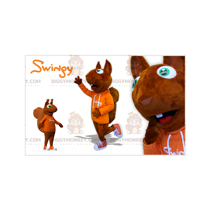 BIGGYMONKEY™ brunt egern maskotkostume med orange sweatshirt -