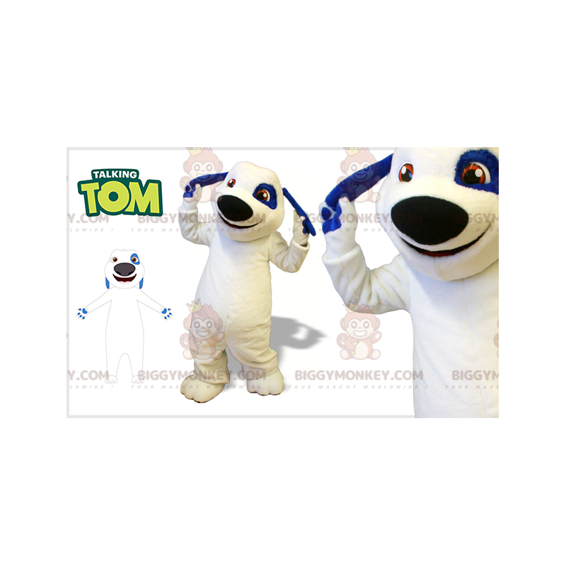 Costume mascotte BIGGYMONKEY™ cane bianco e blu. BIGGYMONKEY™