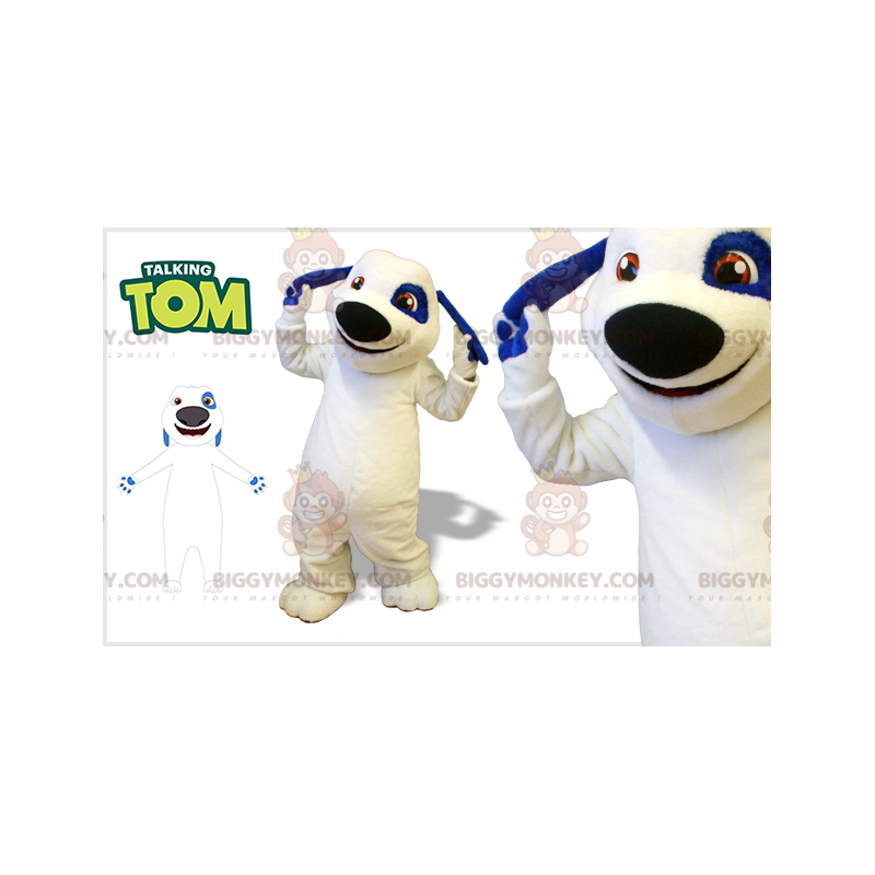 Traje de mascote BIGGYMONKEY™ de cachorro branco e azul. Traje