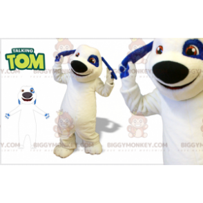 Traje de mascote BIGGYMONKEY™ de cachorro branco e azul. Traje