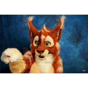 Kostým BIGGYMONKEY™ oranžově béžový a bílý maskot Lynx –