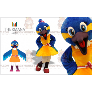Blå och gul fågel BIGGYMONKEY™ maskotdräkt med klänning -