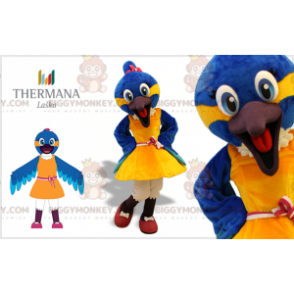 Blauwe en gele vogel BIGGYMONKEY™ mascottekostuum met jurk -