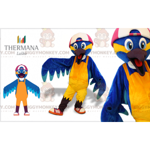 Blå och gul fågel BIGGYMONKEY™ maskotdräkt med mössa -