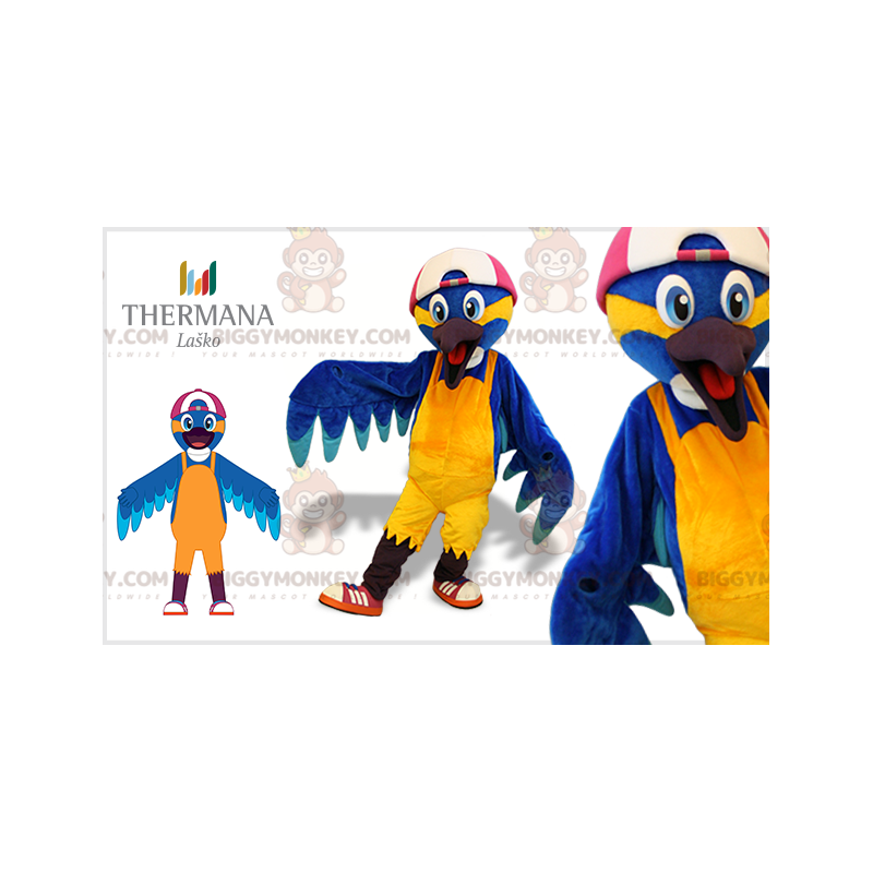 Blauwe en gele vogel BIGGYMONKEY™ mascottekostuum met pet -