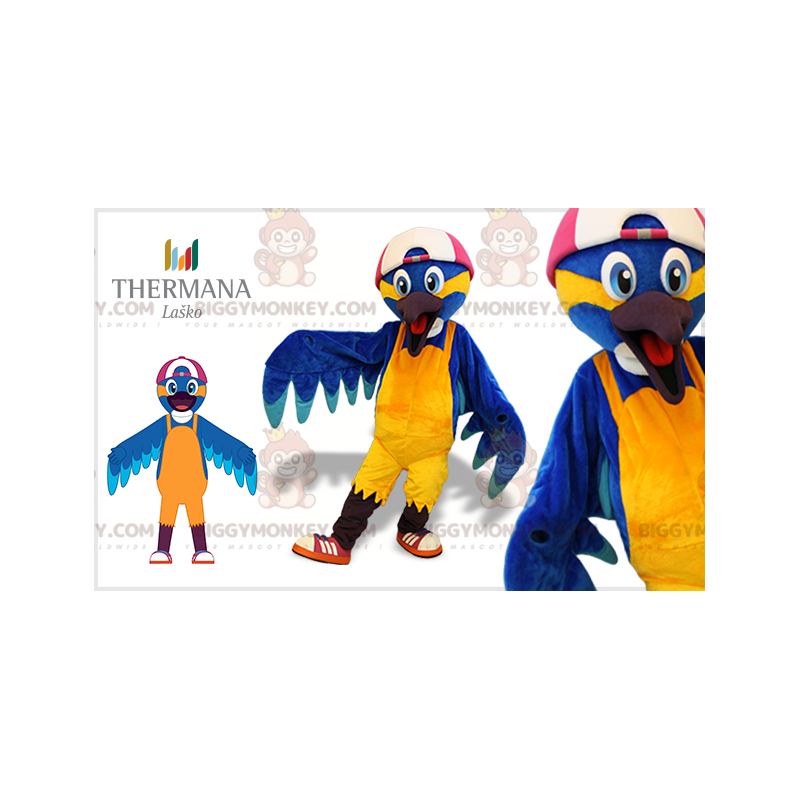 Disfraz de mascota de pájaro azul y amarillo BIGGYMONKEY™ con