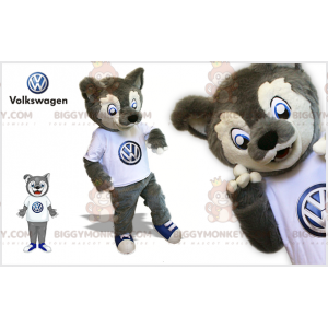 Grau-weißer Wolf BIGGYMONKEY™ Maskottchen-Kostüm. Wolfdog