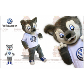 Grau-weißer Wolf BIGGYMONKEY™ Maskottchen-Kostüm. Wolfdog