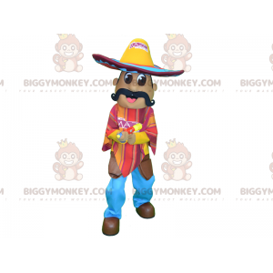 Mexican Mustachioed BIGGYMONKEY™ Mascot Costume with Poncho and