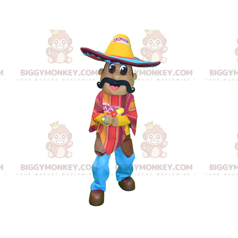 Mexican Mustachioed BIGGYMONKEY™ Mascot Costume with Poncho and