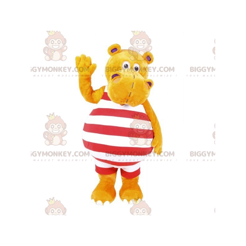 BIGGYMONKEY™ maskotdräkt av gul flodhäst med röd och vit outfit