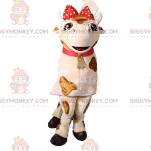 BIGGYMONKEY™ Mascot Costume White and Brown Cow with Red Bow –