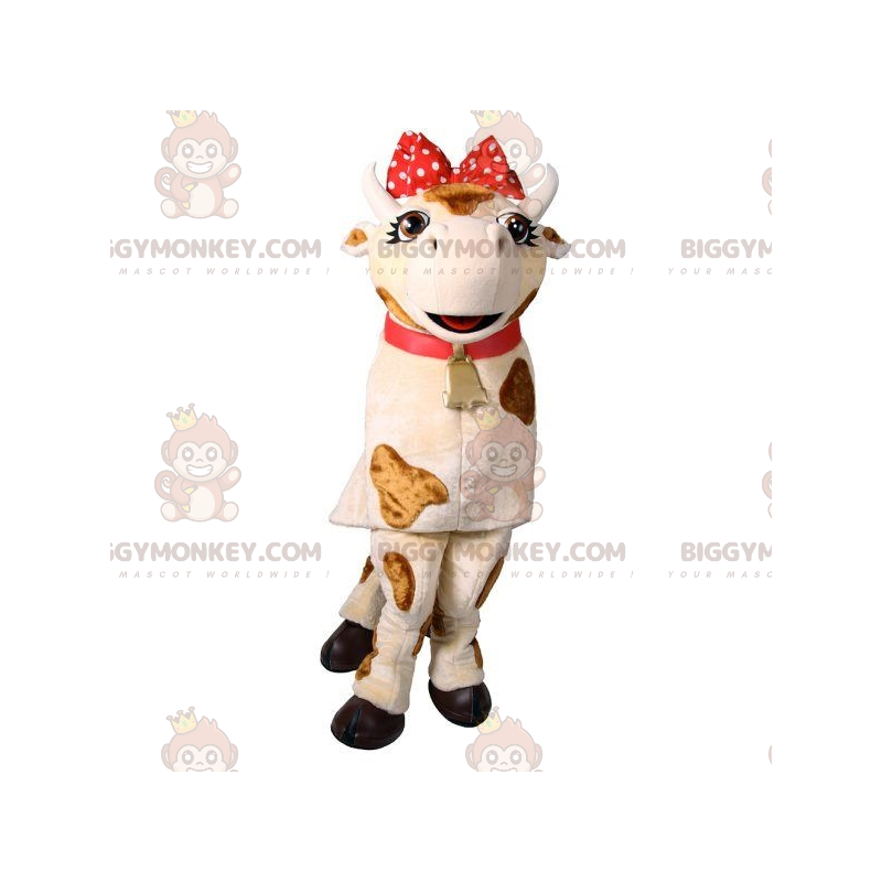 BIGGYMONKEY™ Mascot Costume White and Brown Cow with Red Bow –