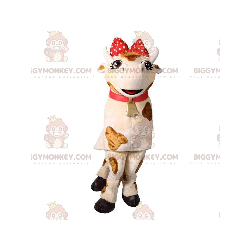 Disfraz de mascota BIGGYMONKEY™ Vaca blanca y marrón con lazo