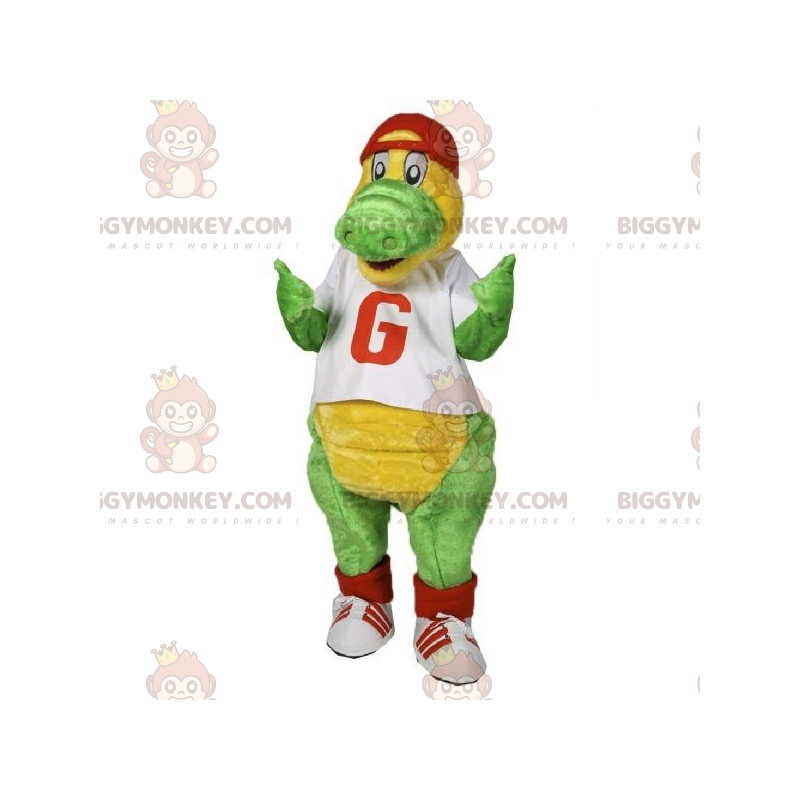 Grön och gul krokodil BIGGYMONKEY™ Maskotdräkt klädd i rött och