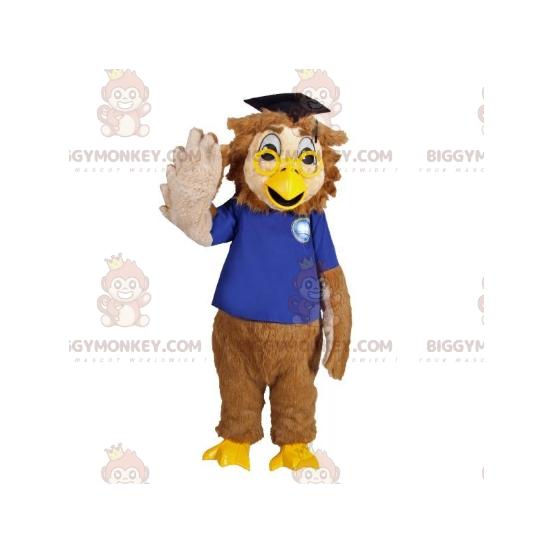Kostým hnědá sova BIGGYMONKEY™ maskot oblečený s absolventskou
