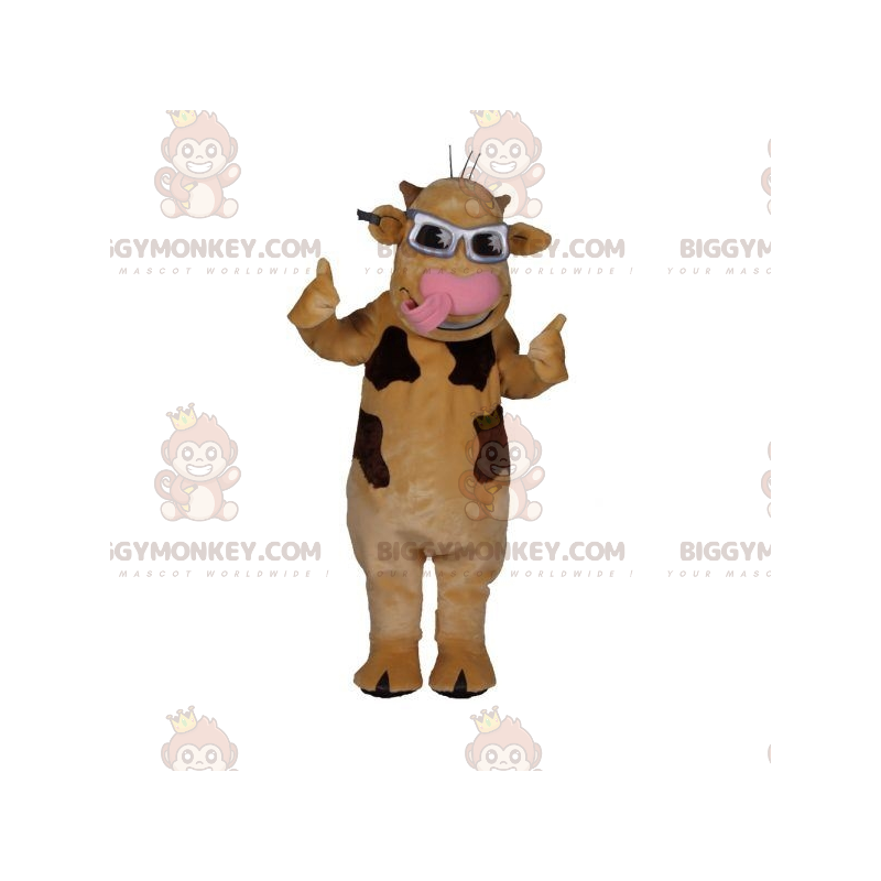 BIGGYMONKEY™ Mascot Costume Tan & Brown Cow With Glasses -