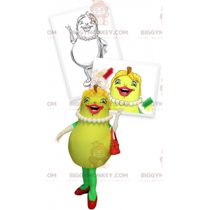Disfraz de mascota de pera verde sonriente y femenina