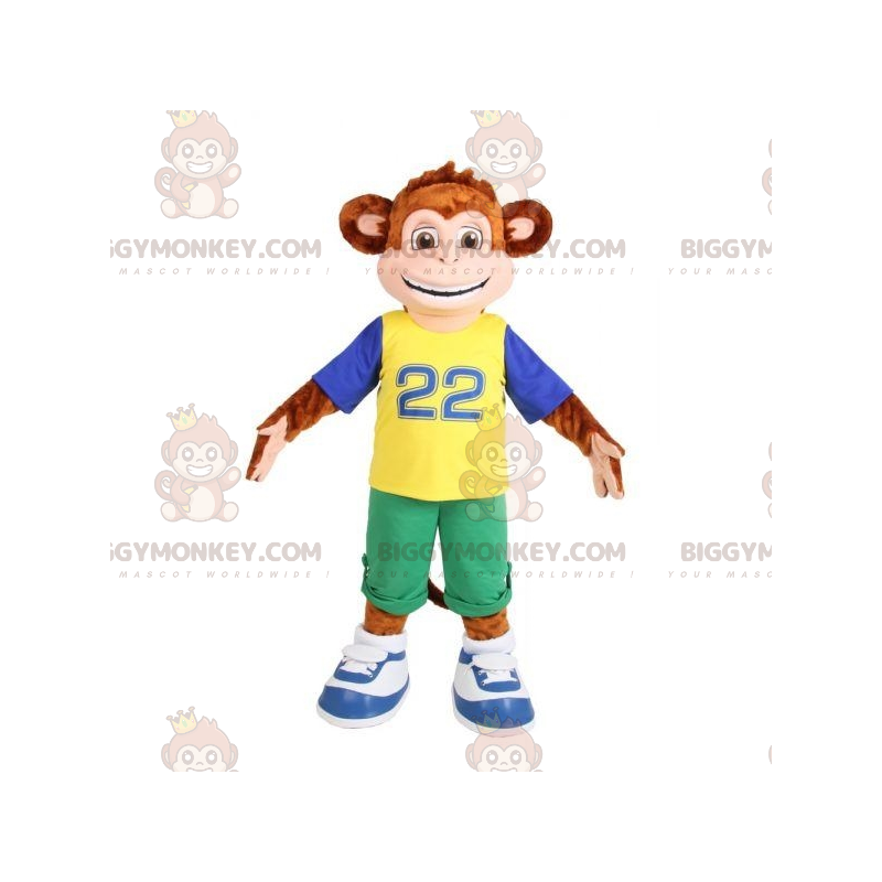 Bruine aap BIGGYMONKEY™ mascottekostuum gekleed in kleurrijke