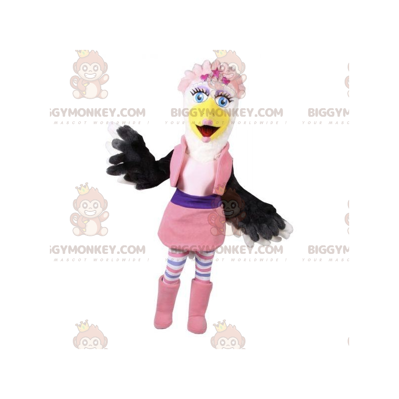 Fato de mascote BIGGYMONKEY™ de avestruz colorido e feminino.