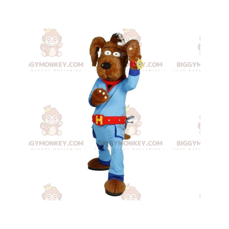 Brauner Hund BIGGYMONKEY™ Maskottchen-Kostüm mit blauem Overall